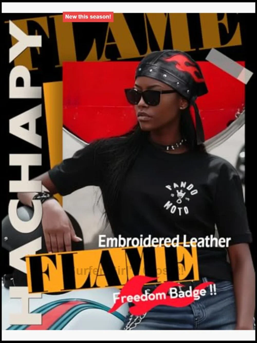 Faux Leather Biker Cap with Embroidery - Adjustable Strap Motorcycle Beanie
